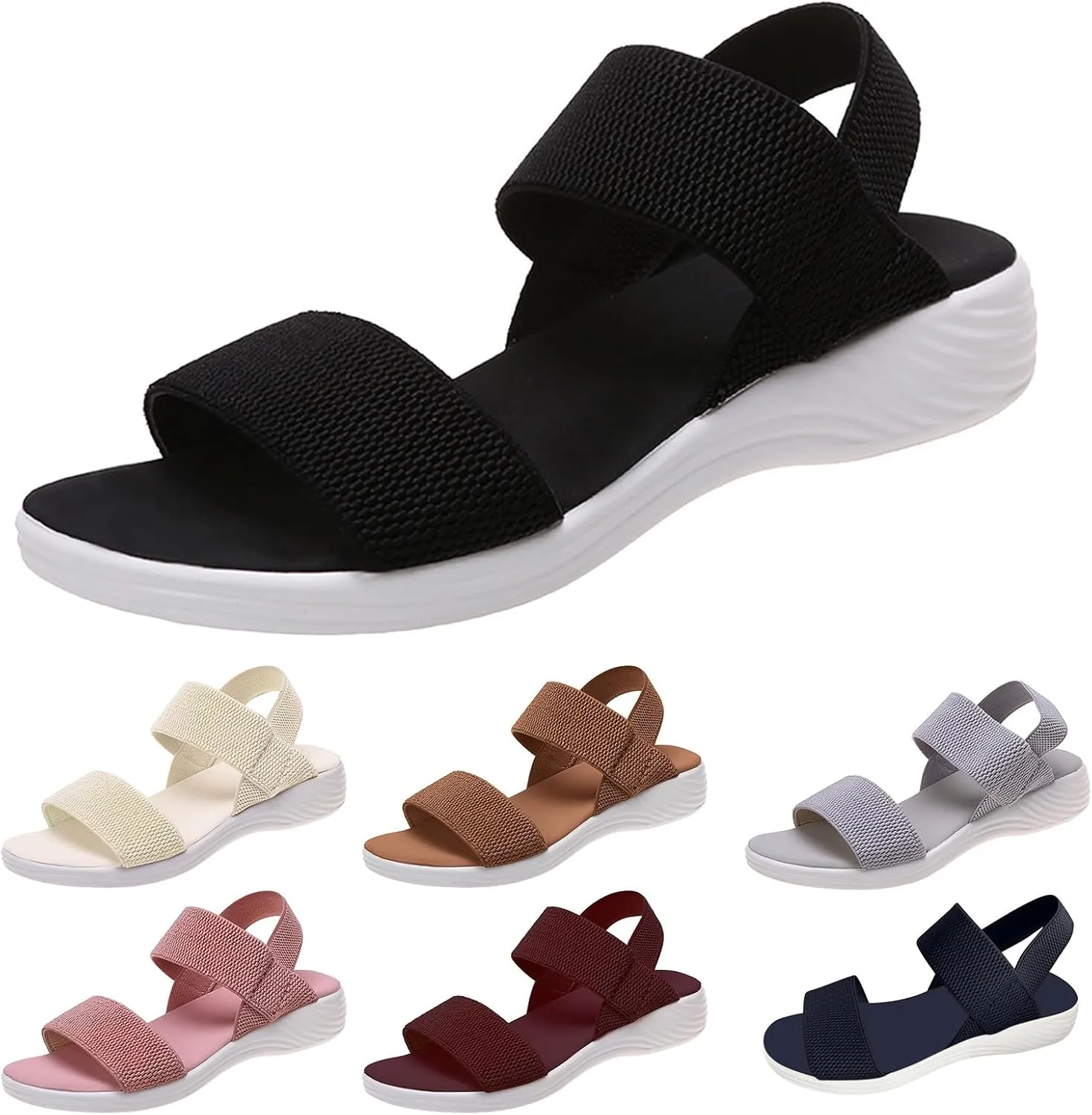 Women's Wedge Sandals Open Toe Knit Elastic Strap Slides Low Wedge Sandals Anti-Slip Lightweight Flat Sandals Concise Casual Summer Shoes Slip On Indoor Outdoor
