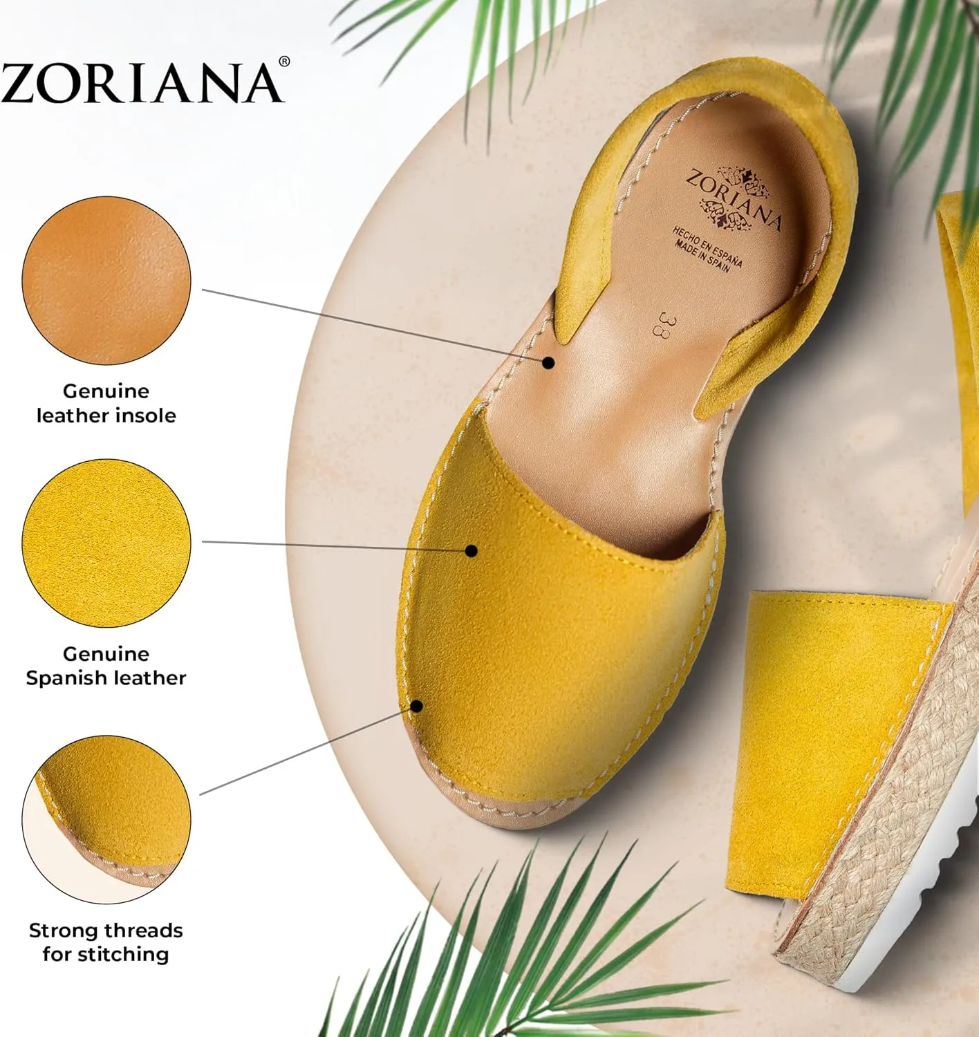 ZORIANA Sandals for Women Handmade Leather, Dressy, Comfortable Sling Back Shoes Flat - Fashion Exclusively Made in Spain - Avarca Summer Trending Slingback Shoes 2023, 100% Spanish Genuine Leather