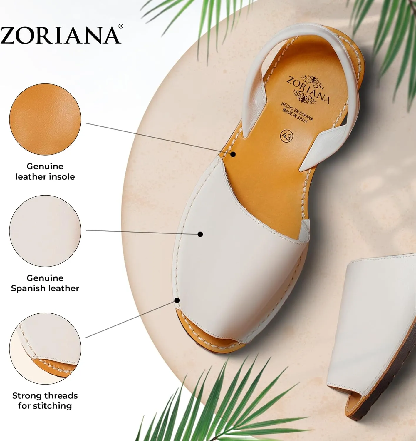 ZORIANA Sandals for Women Handmade Leather, Dressy, Comfortable Sling Back Shoes Flat - Fashion Exclusively Made in Spain - Avarca Summer Trending Slingback Shoes 2023, 100% Spanish Genuine Leather