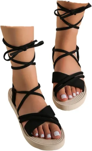 ZSpzx Women's Flat Sandals For Women 2025 Strappy Lace Up Sandal Tie Open Toe Summer Slide Slip on Split Dressy Comfortable up Sexy Slides Ankle Strap Crisscross Shoes for Party Casual
