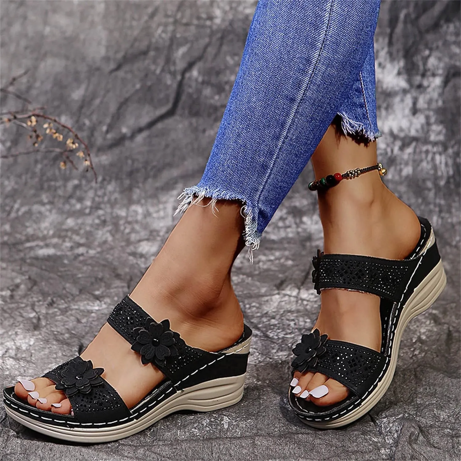 ZSpzx Women's Orthotic Cushion Sandals Foot Arch Support Plantar Fasciitis Bunion Open Toe Wedge Slide Flowers Comfortable Dressy Summer Casual Womens Shoes Orthopedic Non Slip-on Outdoor Slides