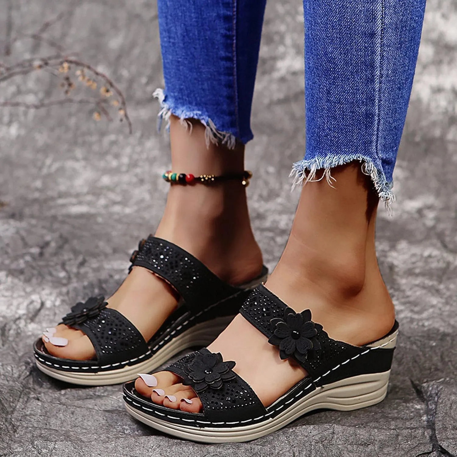ZSpzx Women's Orthotic Cushion Sandals Foot Arch Support Plantar Fasciitis Bunion Open Toe Wedge Slide Flowers Comfortable Dressy Summer Casual Womens Shoes Orthopedic Non Slip-on Outdoor Slides
