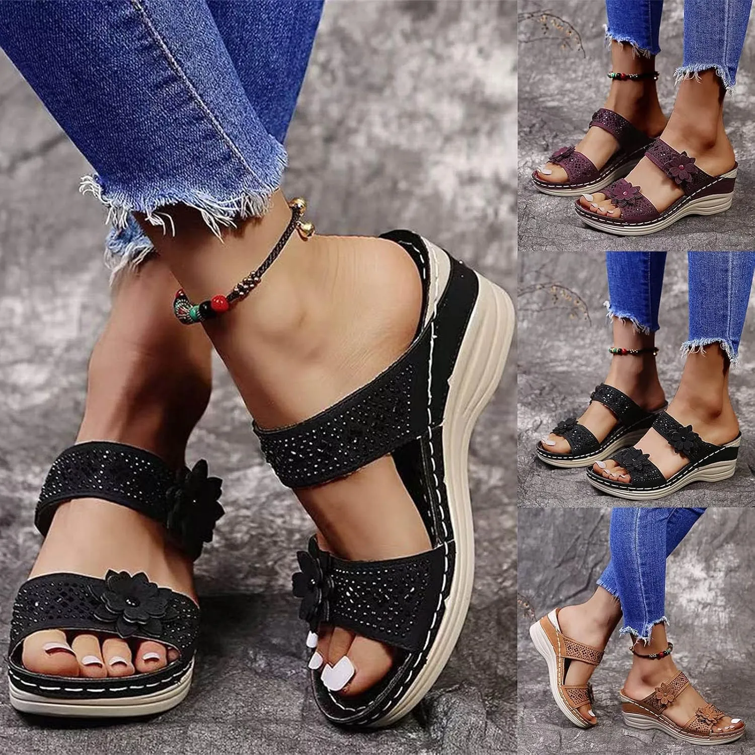 ZSpzx Women's Orthotic Cushion Sandals Foot Arch Support Plantar Fasciitis Bunion Open Toe Wedge Slide Flowers Comfortable Dressy Summer Casual Womens Shoes Orthopedic Non Slip-on Outdoor Slides